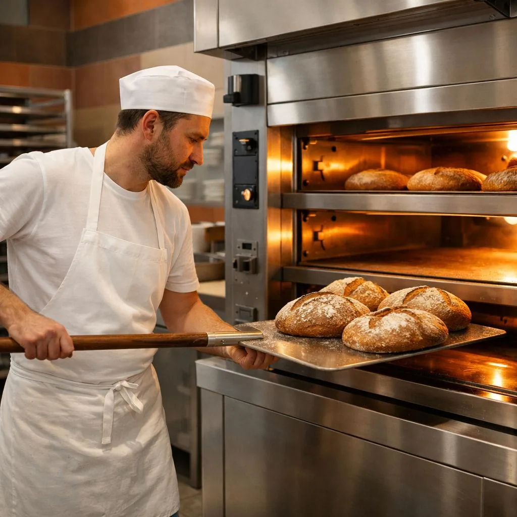 Thợ làm bánh Baker kiểm tra bánh mì trong lò nướng công nghiệp
