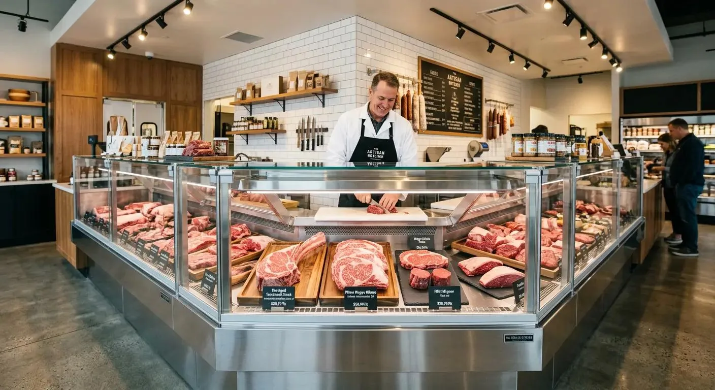 Cửa hàng Butcher với quầy trưng bày thịt tươi