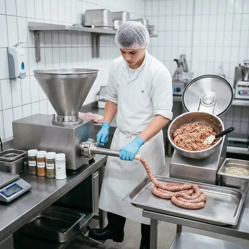 Thợ Butcher chuẩn bị xúc xích bằng thiết bị chế biến thịt