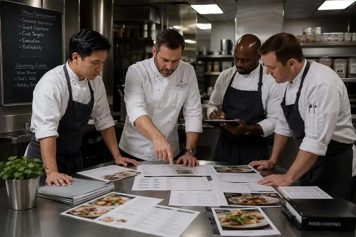 Chef cùng đội ngũ bếp phát triển thực đơn và kiểm soát chi phí món ăn