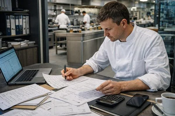 Chef kiểm tra hồ sơ công việc, thực đơn và tài liệu quản lý chi phí trong bếp