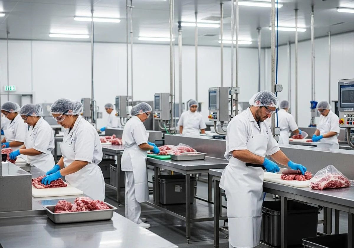 Nhân viên chế biến thịt trong cơ sở sản xuất thực phẩm