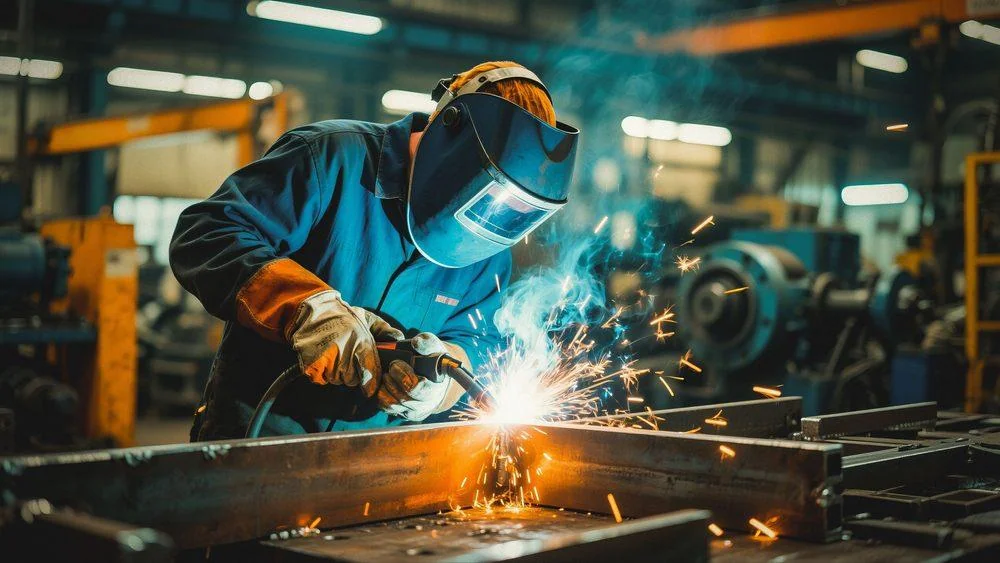 Thợ hàn trong xưởng cơ khí công nghiệp