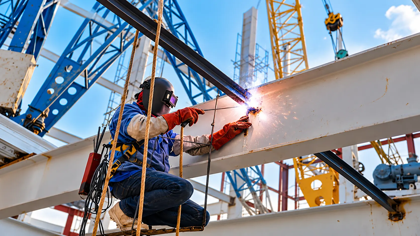 Thợ hàn Welder làm việc trên kết cấu thép tại công trường xây dựng