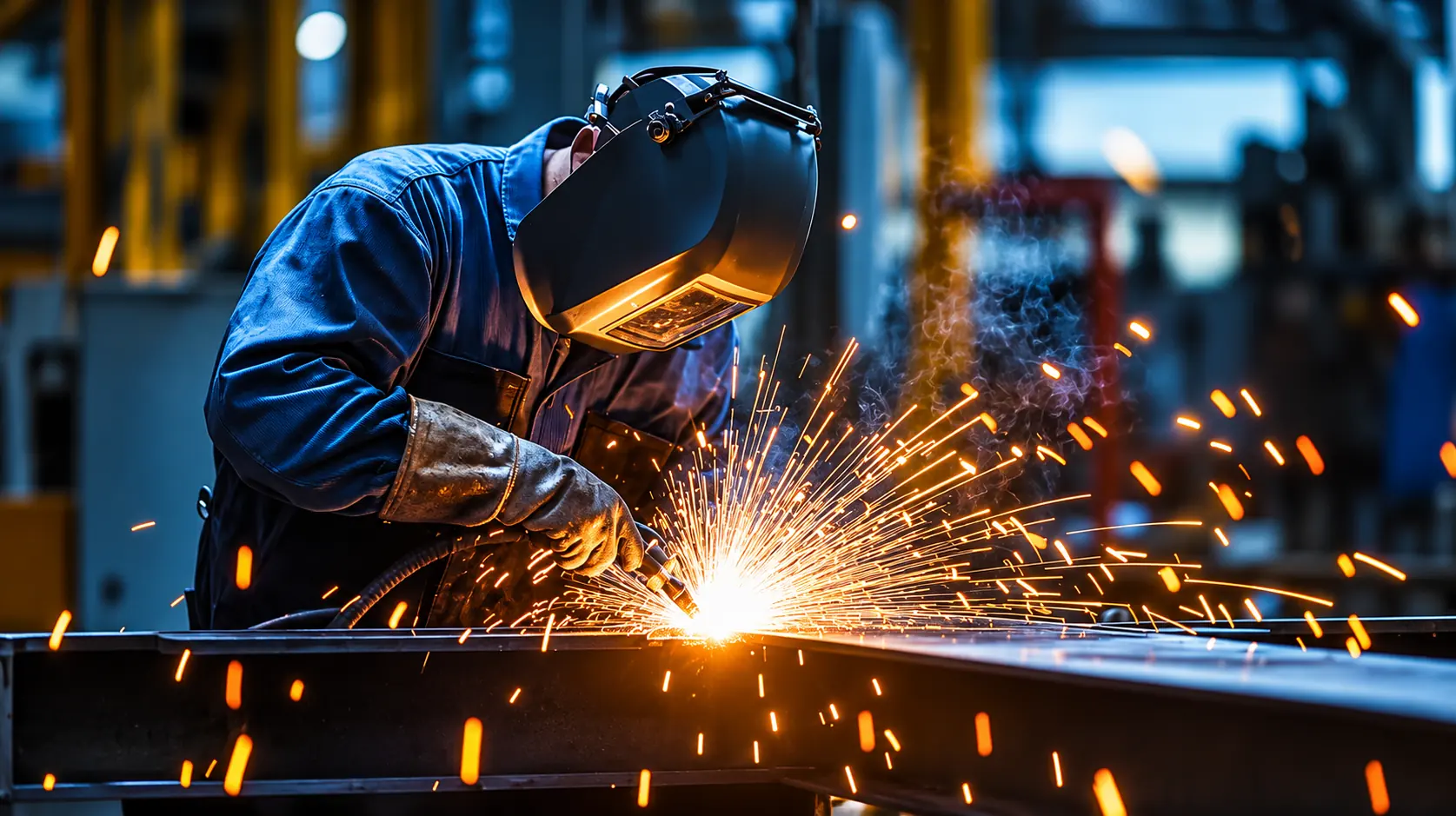 Thợ hàn thực hiện công việc trên kết cấu kim loại trong nhà xưởng