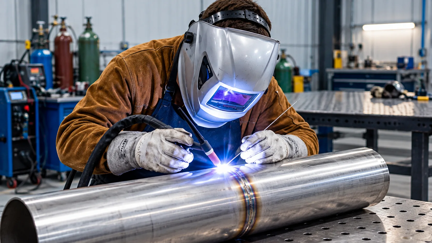 Thợ hàn TIG sử dụng điện cực tungsten để hàn ống kim loại